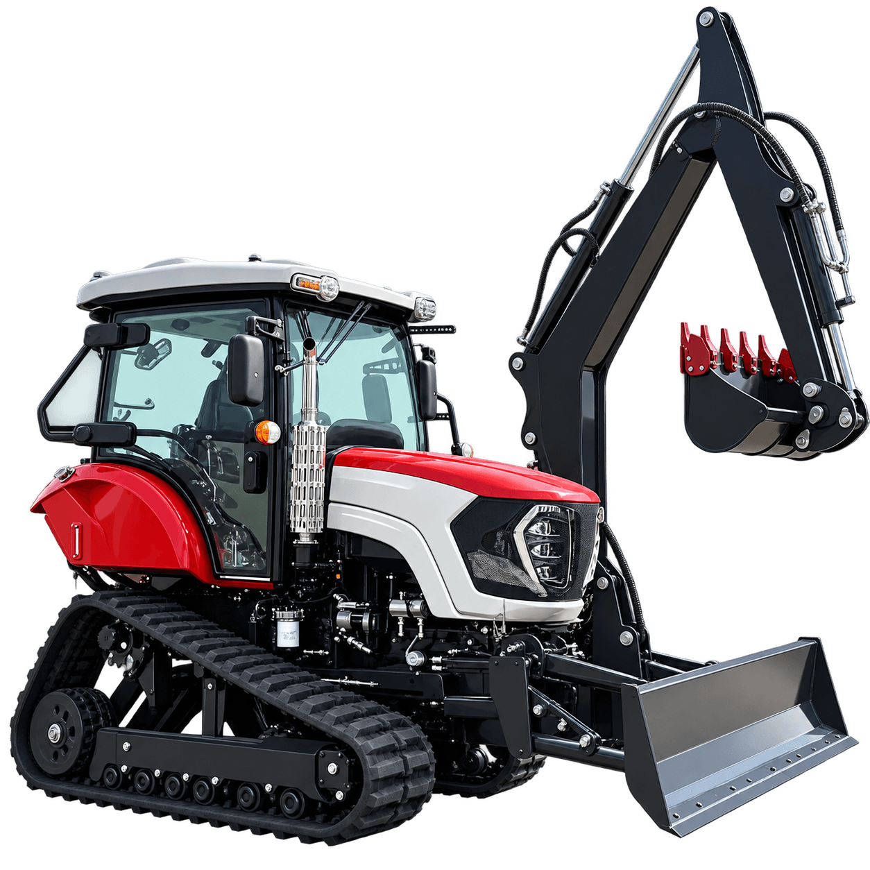 Tractor de orugas rojo y blanco de 120 HP con cabina cerrada, brazo excavador negro y hoja frontal