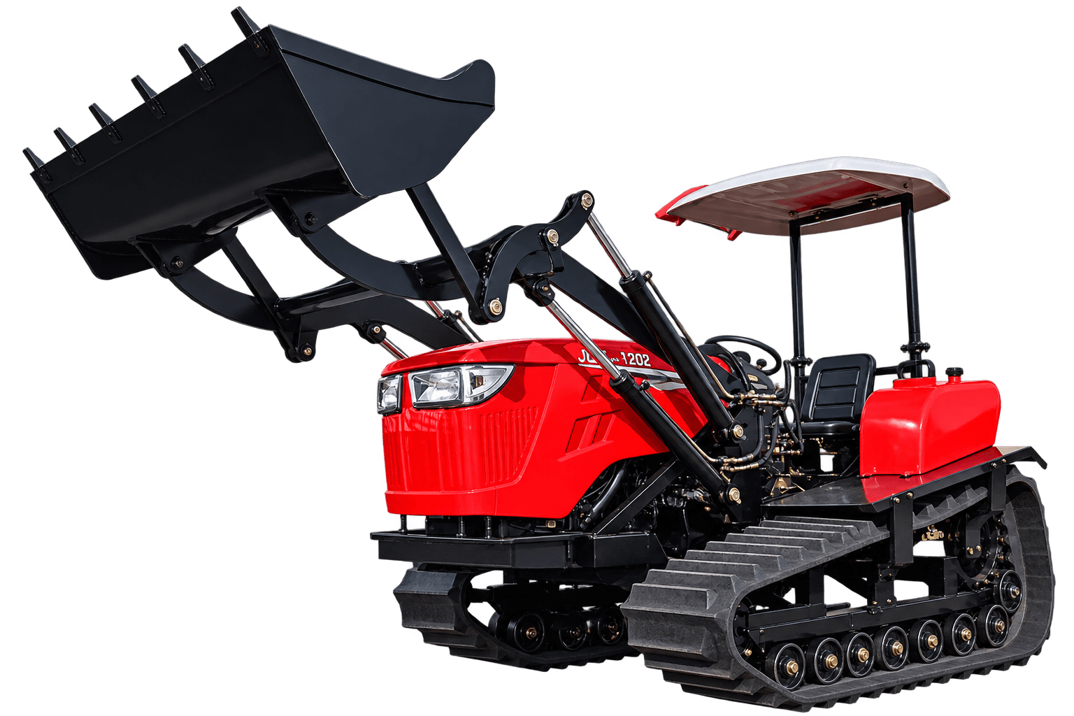 Vista frontal izquierda del tractor de orugas rojo de 120 HP con techo y cucharón de carga frontal elevado