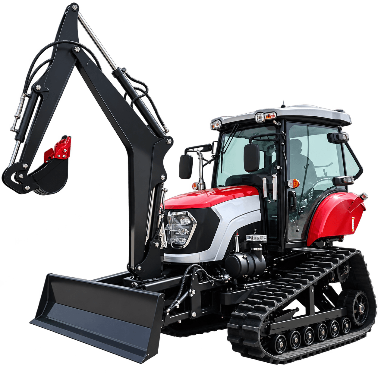 Tractor de orugas rojo y blanco de 120 HP con cabina cerrada, brazo excavador negro y hoja frontal