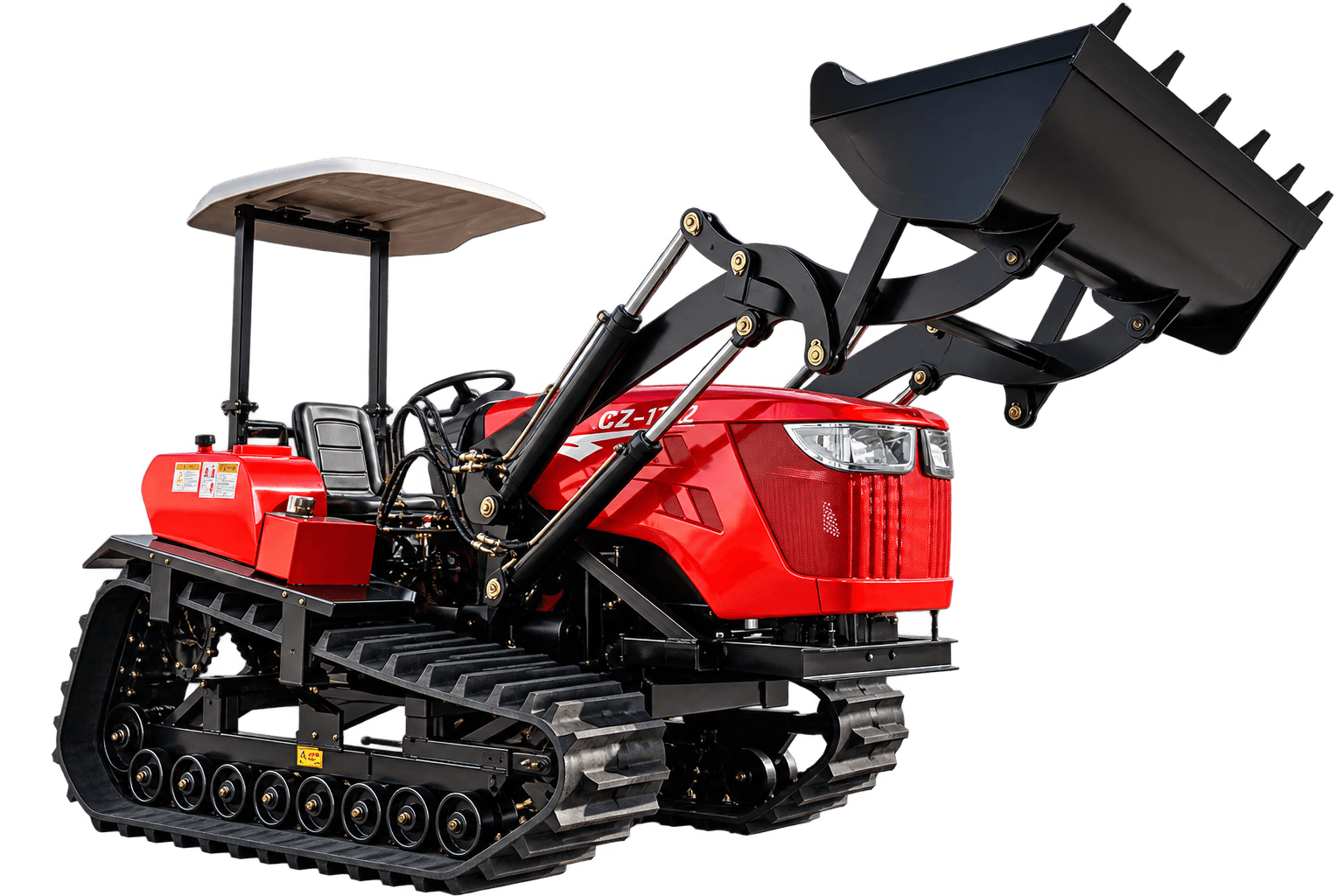 Vista frontal derecha del tractor de orugas rojo de 120 HP con techo y cucharón de carga frontal elevado