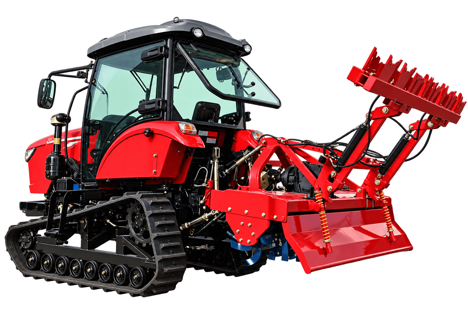 Vista trasera del tractor de orugas rojo de 120 HP con cabina cerrada y rotocultivador trasero