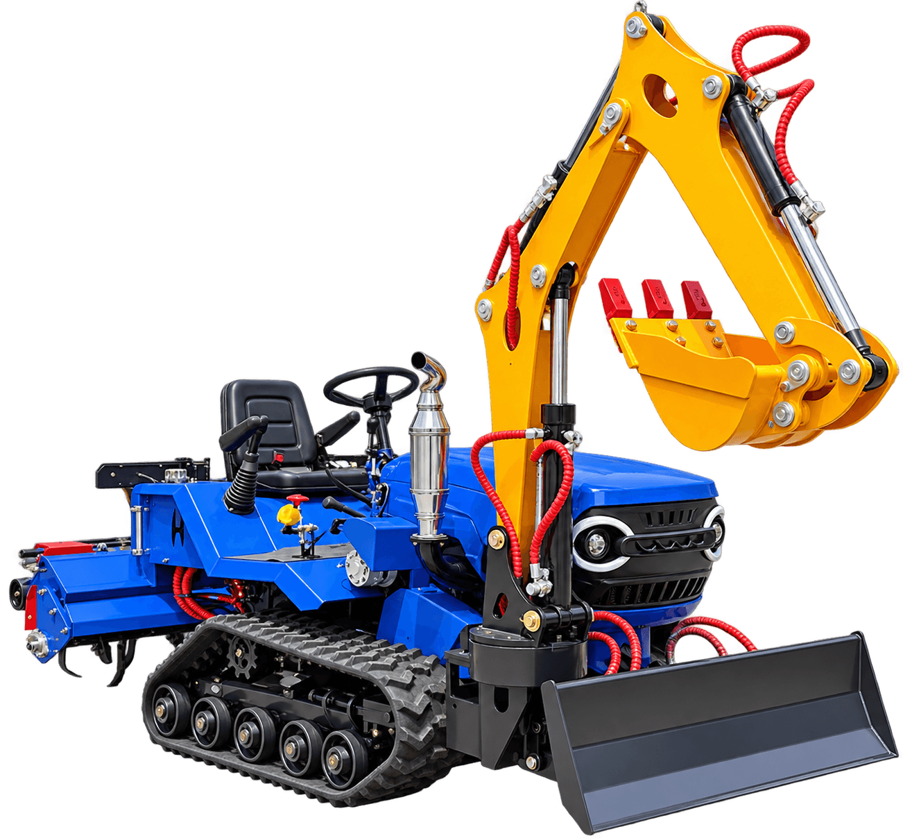 Máquina de orugas azul con brazo excavador amarillo, hoja frontal e implemento agrícola trasero