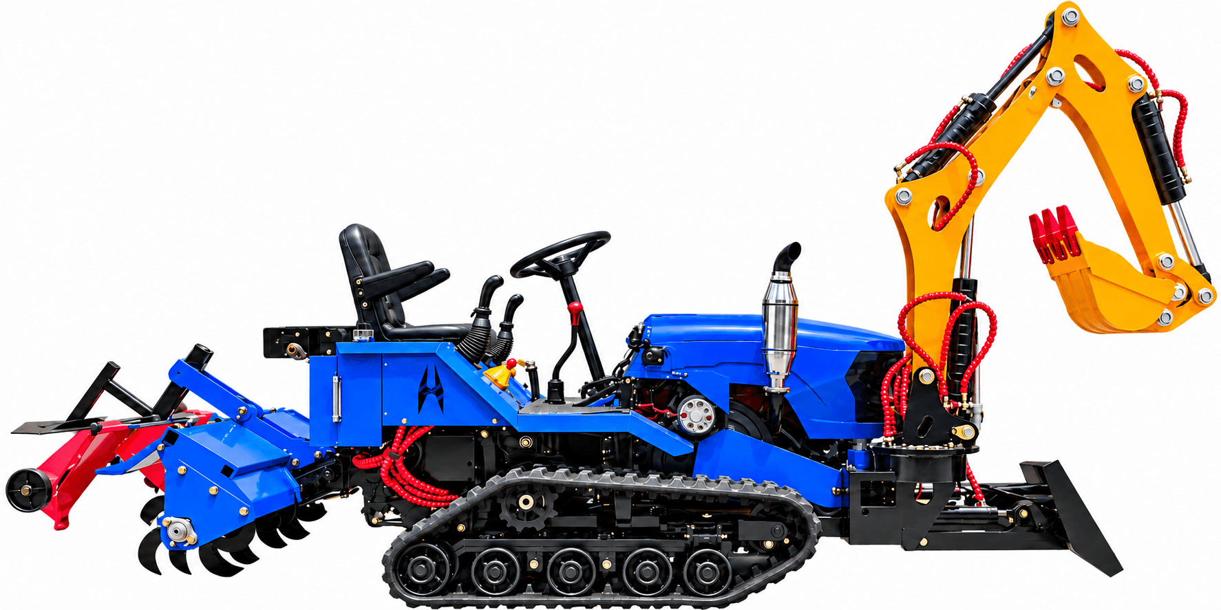 Vista lateral del tractor de orugas azul de 35 HP con brazo excavador amarillo y rotocultivador trasero