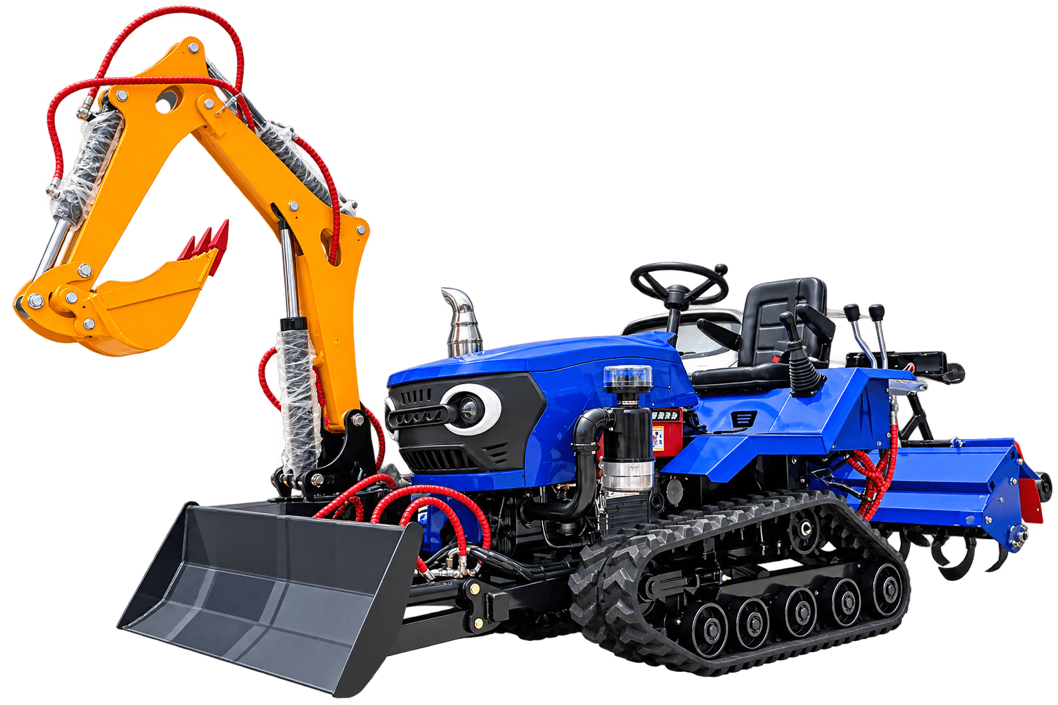 Vista frontal izquierda del tractor de orugas azul de 35 HP con brazo excavador amarillo, hoja frontal y rotocultivador trasero