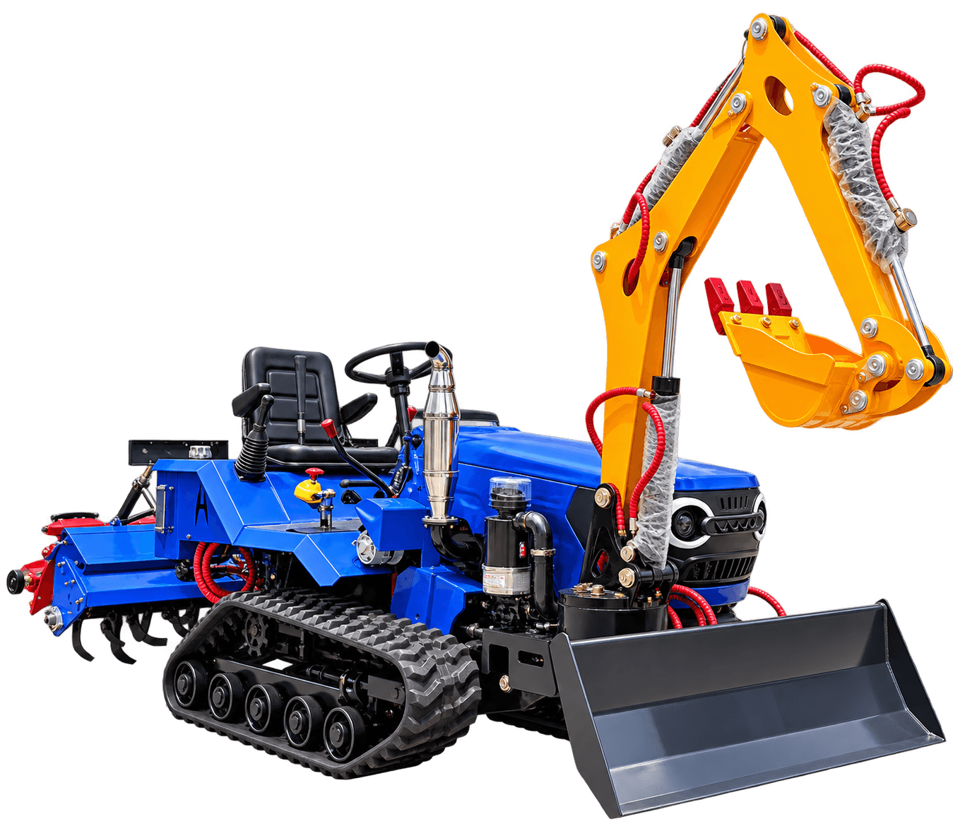 Vista frontal derecha del tractor de orugas azul de 35 HP con brazo excavador amarillo, hoja frontal y rotocultivador trasero