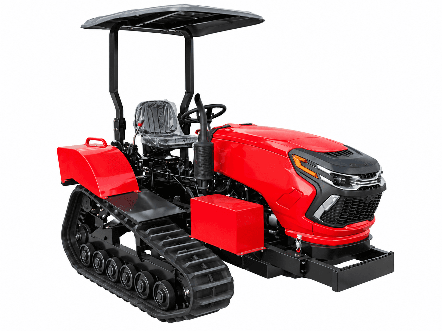 Tractor de orugas rojo de 50 HP con techo negro sobre fondo blanco