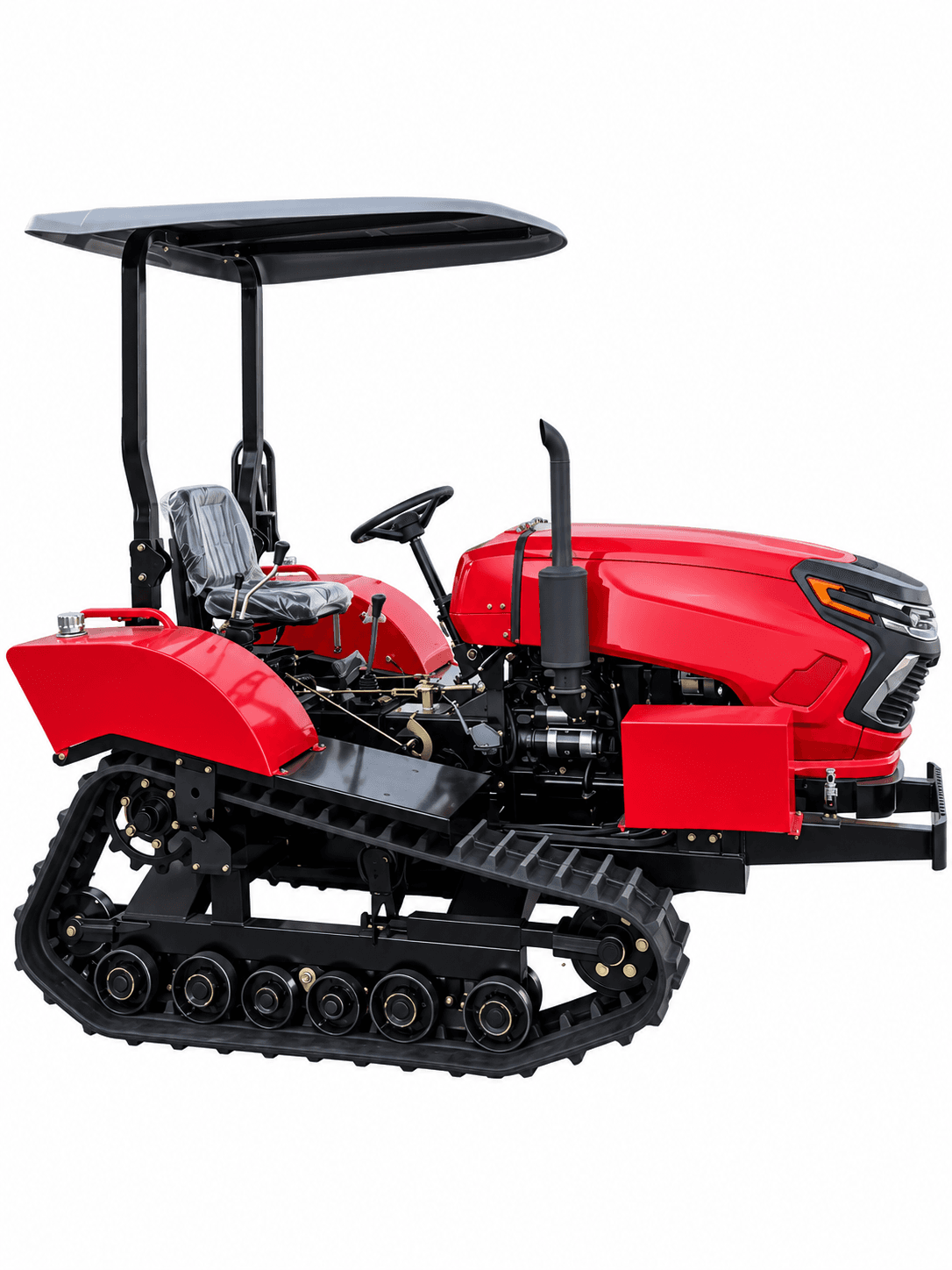Side view of the red 50 HP crawler tractor with a black canopy on a white background