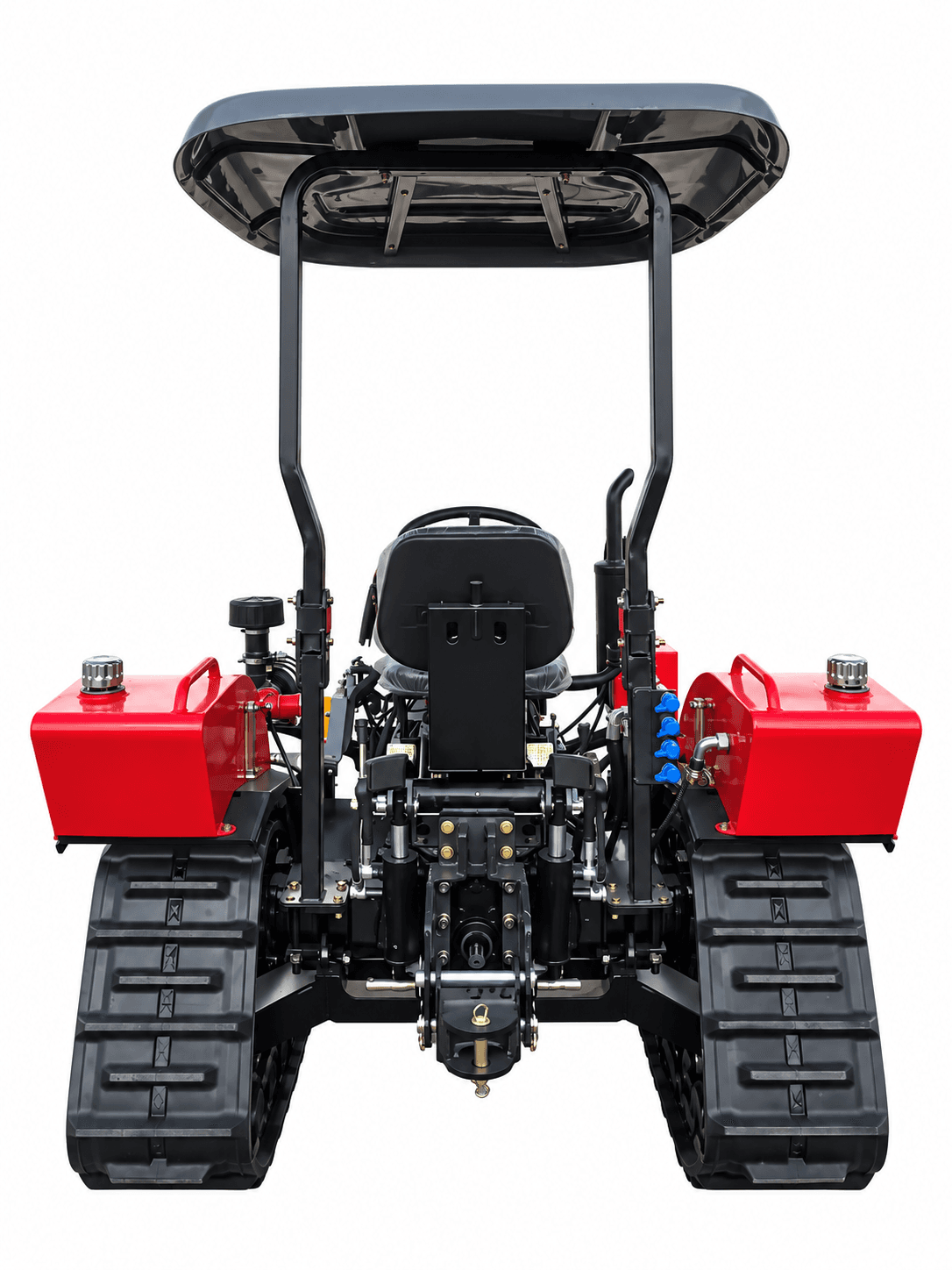 Rear view of the red 50 HP crawler tractor with a black canopy and rear linkage on a white background