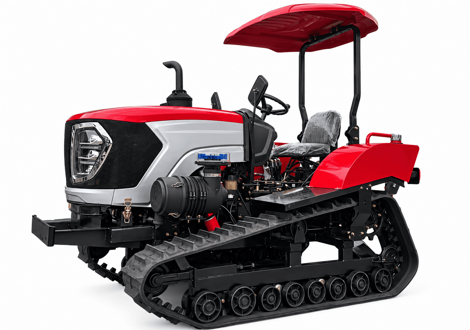 Front left view of the red and silver 80 HP crawler tractor with a canopy on a white background