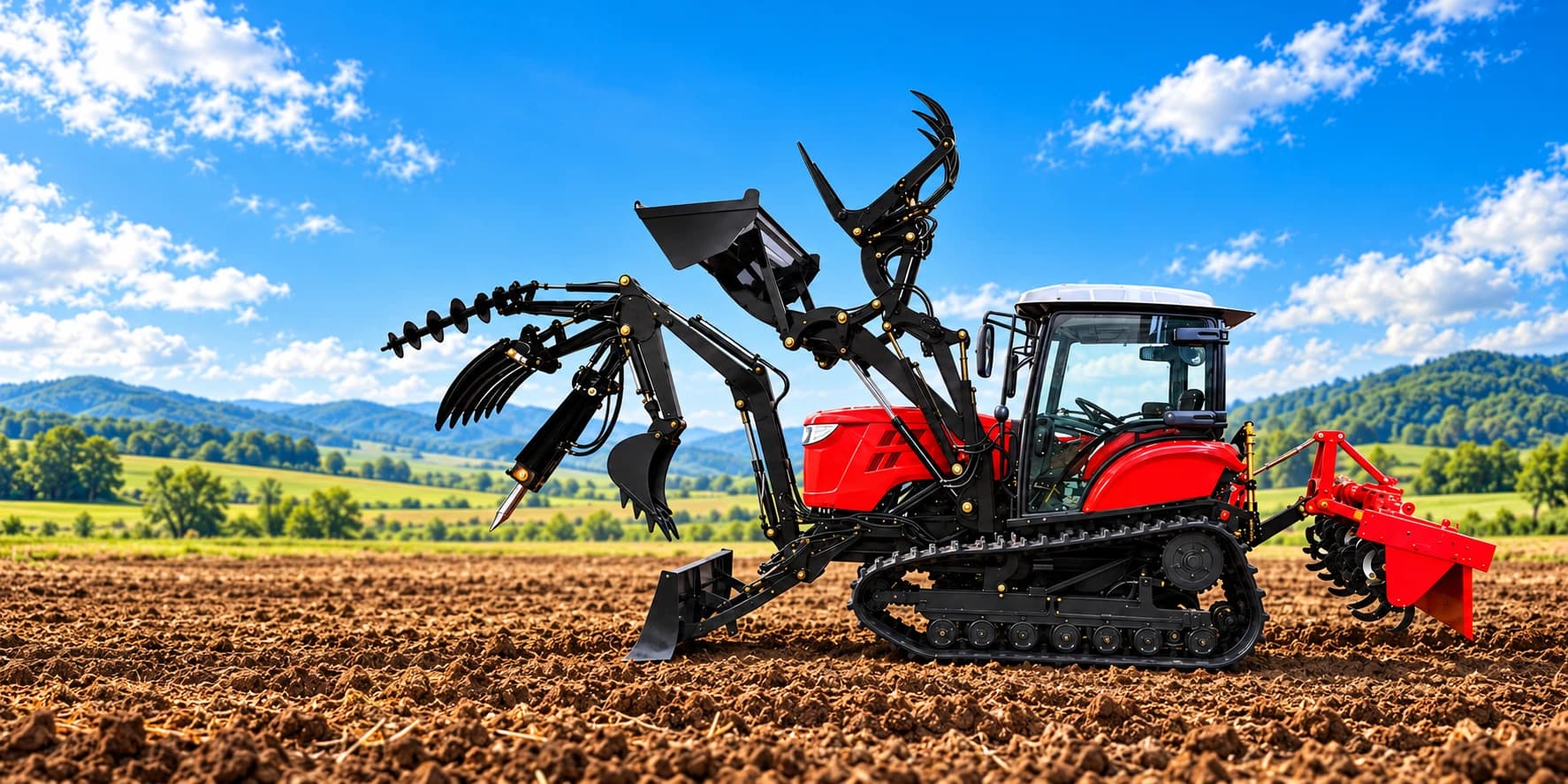 Tractor de orugas rojo con implementos agrícolas en un campo cultivado bajo un cielo azul